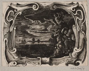 Emblema con sátiros reunidos junto a un árbol de noche