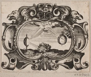 Emblema con sol, brillando a través de un anillo y una lupa, encendiendo una hoguera