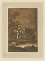 El hombre junto al caballo se inclina para agarrar algo del suelo Jinetes, caballos y batallas (título de la serie)
