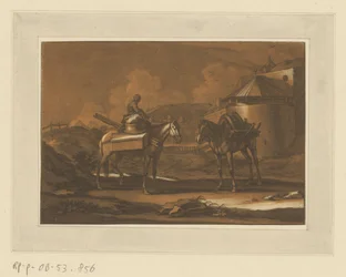 Dos caballos llenos fuera de la muralla de la ciudad, sentados en uno de los niños Jinetes, caballos y batallas (título de la serie)