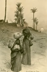 Mujeres llevando cántaros de agua en las orillas del Nilo, El Cairo, Egipto, 1898