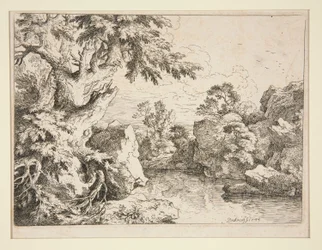 paisaje con estanque bordeado por rocas y árboles