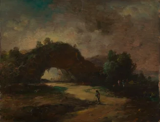 Paisaje con un arco rocoso cubierto de maleza