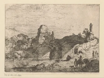 Paisaje con las ruinas de una puerta junto a un puente en ruinas