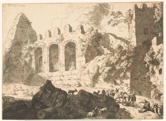 Paisaje con ruinas y una pirámide