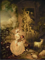 Amantes con ovejas y cabras (óleo sobre lienzo)