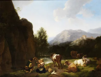 Familia descansando junto a vacas junto a un río