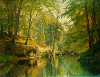 Paisaje fluvial arbolado con figuras en un bote, 1893