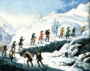2ª ascensión al Mont Blanc por Horace-Benedict de Saussure agosto 1787, grabado coloreado por Marquardt Wocher publicado en 1790