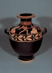 Hidria de figuras rojas ática que representa a Bóreas persiguiendo a Oritía, 440-430 a.C.