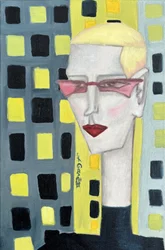 Mujer rubia con gafas rosas