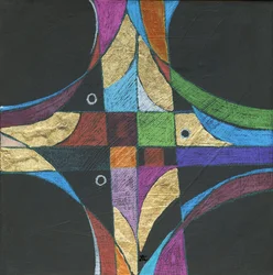 Sign Of The Cross, c. 2013 (acrílico y lápiz de color con pan de oro sobre panel)