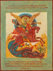 Arcángel Miguel en Batalla Icono, 2023 (temple al huevo, pan de oro, madera)
