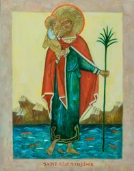 Icono de San Cristóbal, 2023 (temple al huevo, pan de oro, madera)