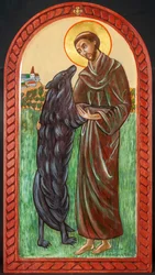 San Francisco y el lobo, 2004 (temple al huevo, madera, pan de oro)