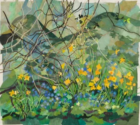 Cornerways Garden Daffodils and Blue Anemonies, 2013 (collage de papel pintado con acuarela)