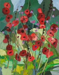 Cornerways Hollyhocks, 2025 (collage de papel pintado con acuarela)