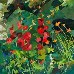 Cornerways garden with Hollyhocks, 2025 (collage de papel pintado con acuarela)