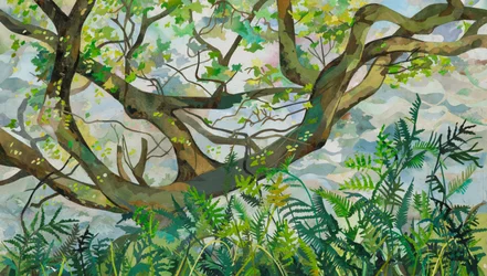 Árbol con helechos SeaToller, 2025 (collage de papel pintado con acuarela)