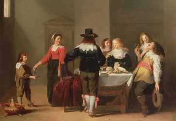 Interior de una sala de guardia con soldados comiendo y bebiendo en compañía femenina, 1639