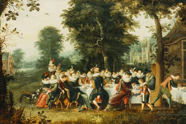 Figuras elegantes sentadas en una mesa de banquete en un claro boscoso
