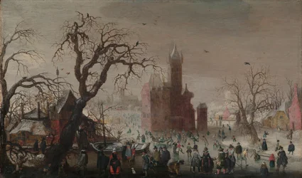 Un paisaje de invierno con patinadores sobre hielo y un castillo imaginario