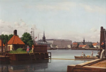 Danés: Børsen, Christiansborg, Holmens Kirke, set fra Asiatisk Kompagnis Plads La Bolsa, Christiansborg y la iglesia de Holmen, vistas desde el emplazamiento de la Compañía Asiática.