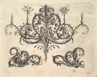 Un Candelabro Fantástico con Velas Encendidas y Arabescos, algunos terminando en Caballos Fantásticos..., 1610