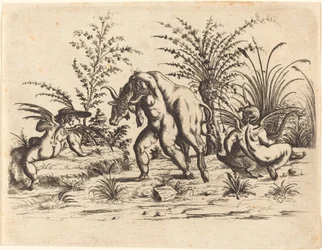 Tres putti con un toro muerto