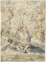 María y el niño en las nubes entre ángeles y querubines
