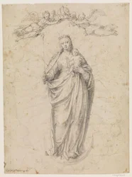 María con el niño de pie sobre la luna