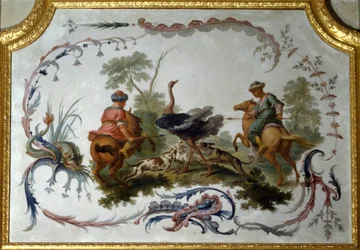 Panel de caza de avestruces del gran salón del castillo de campos sobre marl. Decoración mural pintada por Christophe Huet
