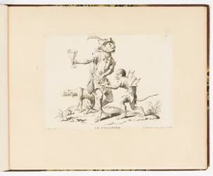 Placa 4, La Ptisanier (El vendedor de té de hierbas), Singeries ou différentes actions de la vie humaine représentées par des singes (Payasadas de monos o diferentes acciones de la vida humana representadas por monos)