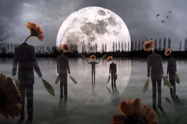 Figuras de cabezas florales a la luz de la luna