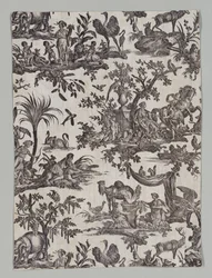 Fragmento de algodón impreso con plancha de cobre con diseño Les quatres parties du monde, 1788