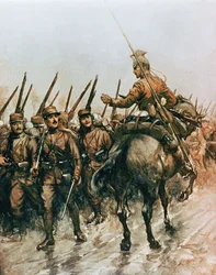 Lancero del Cuerpo de Guías Belgas pasando infantería francesa marchando al frente en 1914