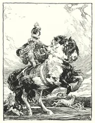 Mujer con traje Tudor cazando a caballo