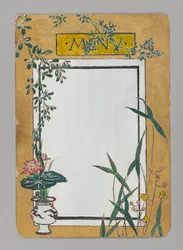 Tarjeta de menú con bambú y flores, ca. 1880. Acuarela, tinta negra y pintura metalizada.