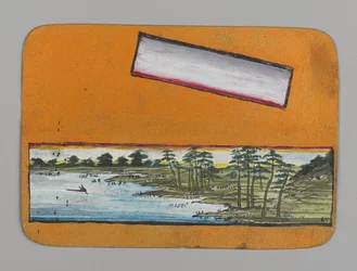 Pequeña tarjeta con paisaje, ca. 1880. Acuarela, tinta negra y pintura metalizada.