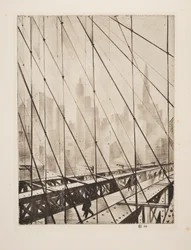Mirando a través del puente de Brooklyn, pub. 1921