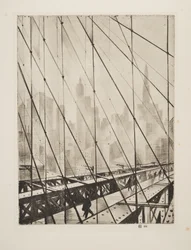 Mirando a través del puente de Brooklyn, pub.1921 (aguafuerte)