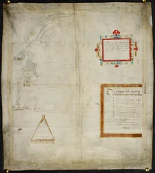 Mapa de los señoríos de Bayford y Goodmanston en Murston y Sittingbourne, co. Kent: 1590 (tinta y aguada de color sobre vitela)