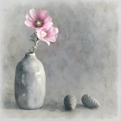 Bodegón de malvarrosas rosas
