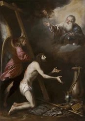 Spanish: Cristo flagelado arrodillado ante Dios Padre