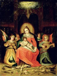 La Virgen María con el niño y ángeles tocando música