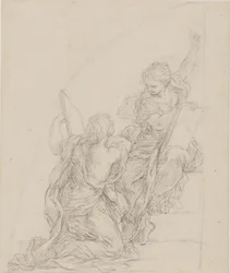 Parte izquierda de una luneta con dos sibilas llevando folios y gesticulando con agitación