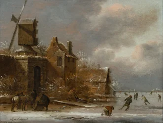 Un paisaje invernal con patinadores en un río helado a las afueras de un pueblo