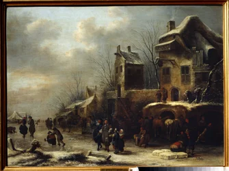 Pista de patinaje sobre un río. Pintura de Claes Molenaer (Klaes Molenaer