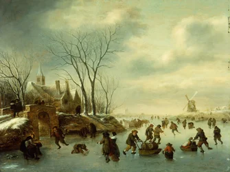 Paisaje invernal con patinadores (óleo sobre tabla)