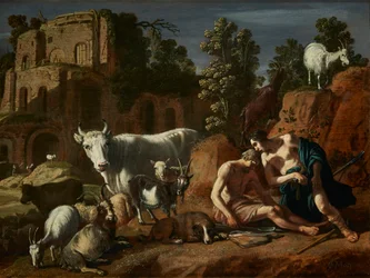 Holandés: Mercurio se prepara para decapitar al dormido Argus Mercurio y Argus rodeados de animales en un paisaje